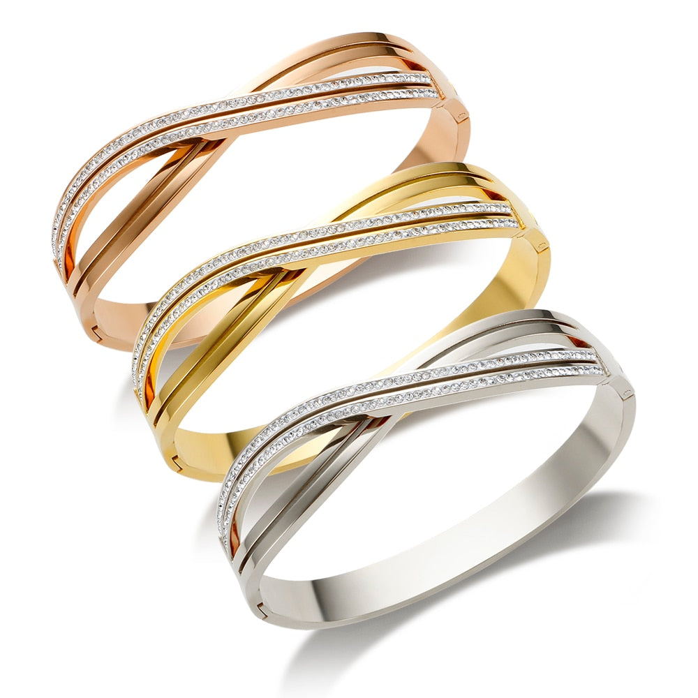 JINHUI Cross Rhinestone Cuff Bangles & Bracelets For Women Girls Popular Stainless Steel Luxury Crystal Bracelet Female Jewelry