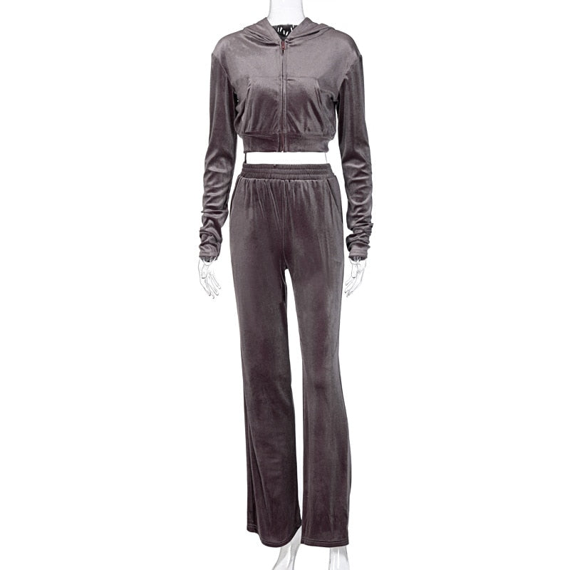 SEASONS Velvet Solid Women Three Piece Set Tube Crop Top Short Coat High Waist Wide Leg Pants Tracksuit Sporty Autumn ASSU86163