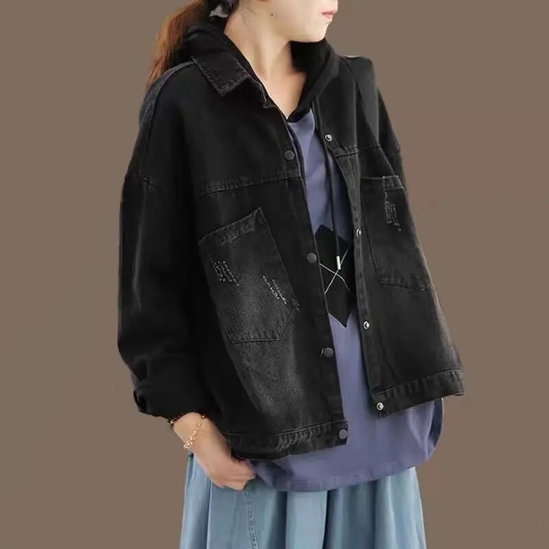 Women&#39;s Clothing 2022 Spring New Korean Version Loose Literary Retro Old-Fashioned Denim Women&#39;s Long-Sleeved Short Jacket