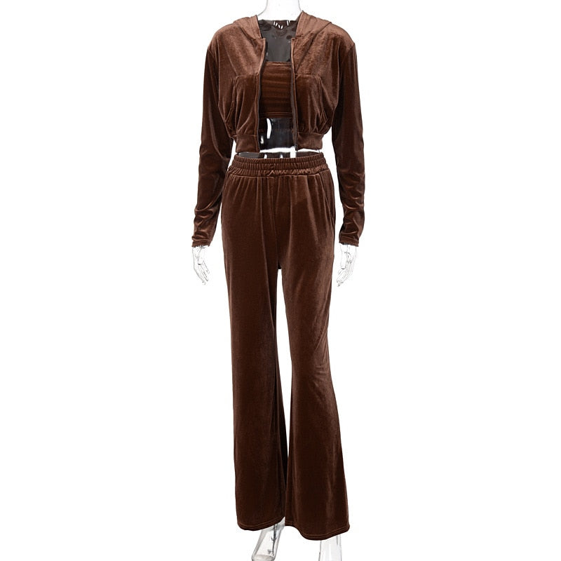 SEASONS Velvet Solid Women Three Piece Set Tube Crop Top Short Coat High Waist Wide Leg Pants Tracksuit Sporty Autumn ASSU86163