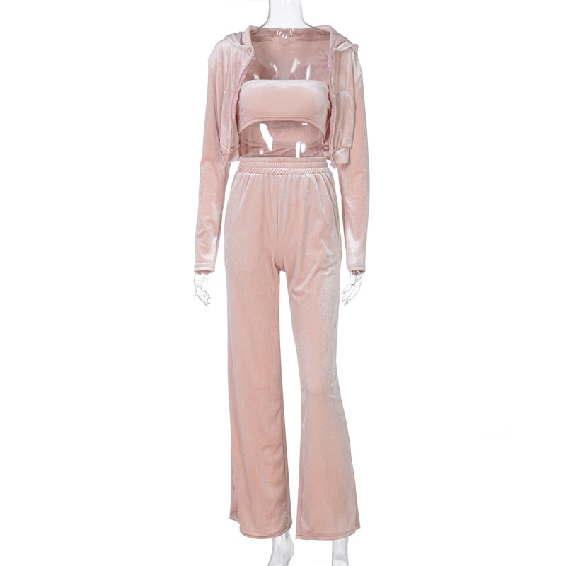SEASONS Velvet Solid Women Three Piece Set Tube Crop Top Short Coat High Waist Wide Leg Pants Tracksuit Sporty Autumn ASSU86163