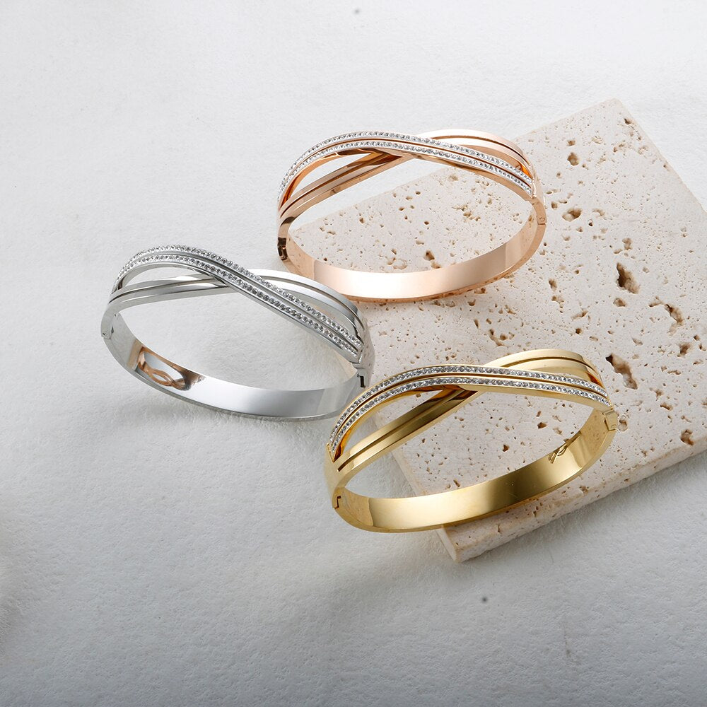 JINHUI Cross Rhinestone Cuff Bangles & Bracelets For Women Girls Popular Stainless Steel Luxury Crystal Bracelet Female Jewelry